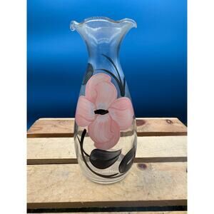 BARTLETT COLLINS Glass Flower Vase Hand-Painted Pink-Black Fluted Top